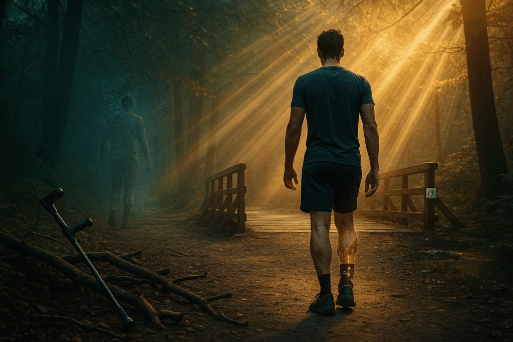 Man walking confidently through a forest during recovery – injury prevention and recovery inspiration